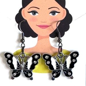 Black and White Enamel Butterfly Silver Hook Earrings Item #346
